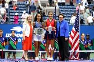 Emma Raducanu during the 2021 US Open trophy presentation ceremony